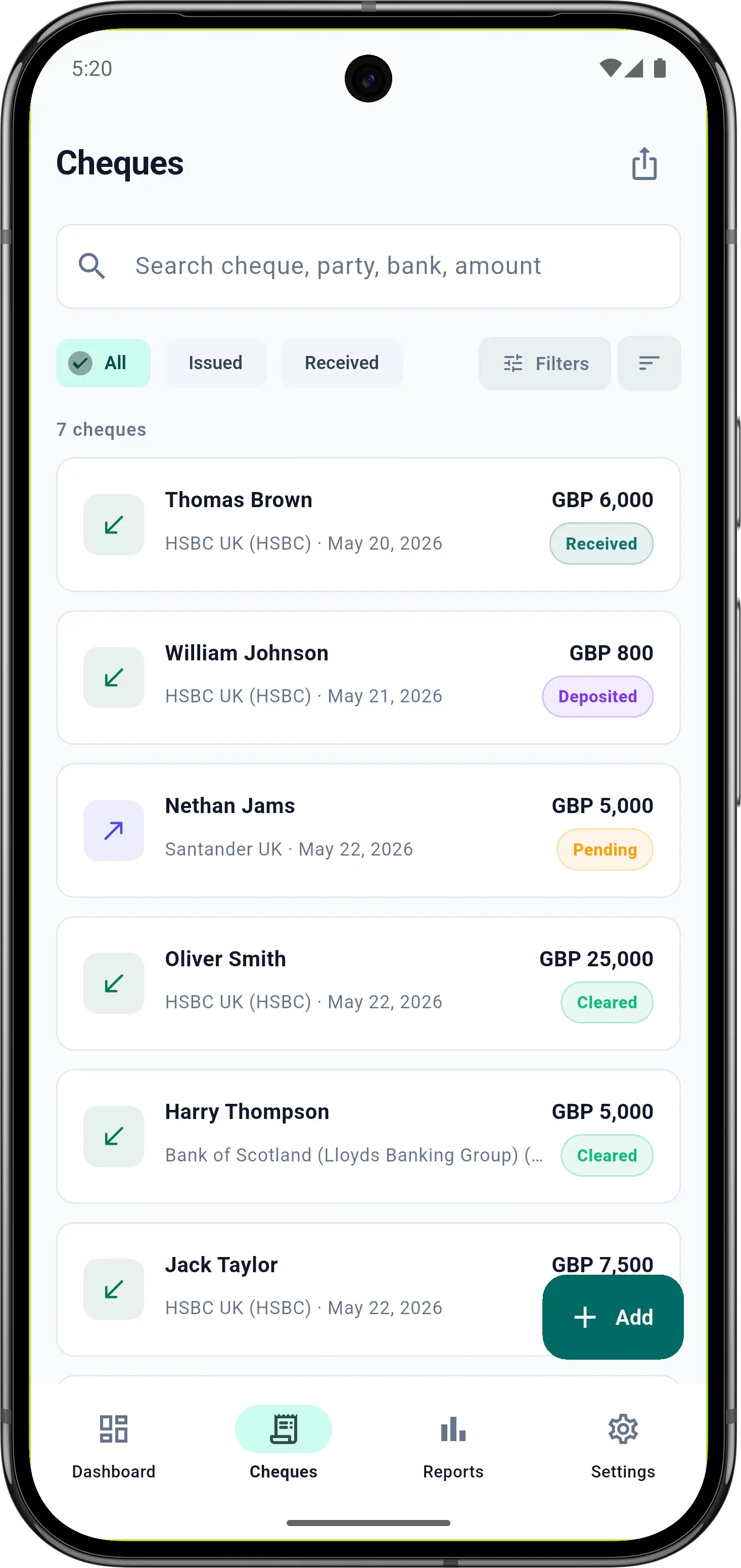 ChequeVault cheque list with status indicators