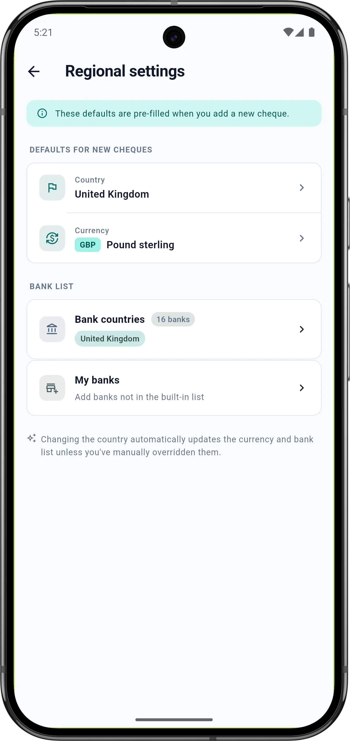 Regional settings - country, currency, and bank selection